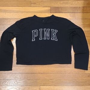 PINK Victoria's Secret Cropped Black Long Sleeve with White Logo. Size Small